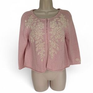 Talbots Vintage Pink Embroidered Floral Knit Cardigan Petite M Cottagecore